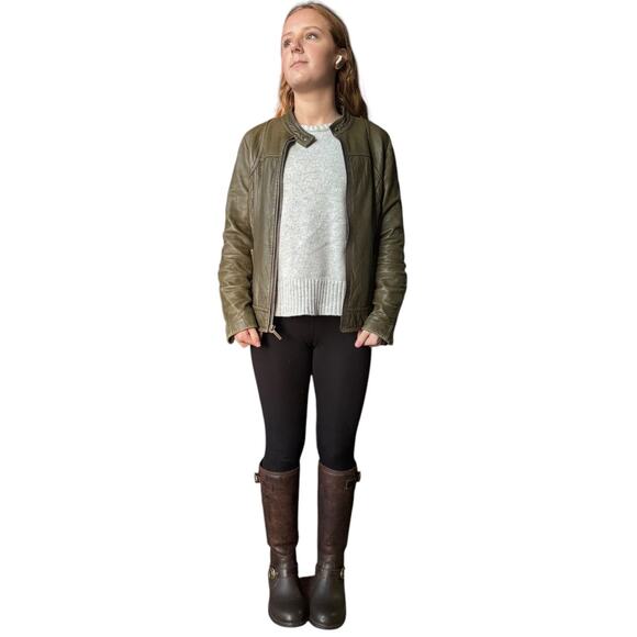 Michael Kors Green Leather Biker Moto Jacket quilted pattern size Small - Picture 9 of 16